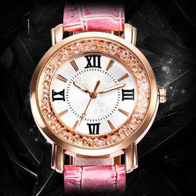 

Women Fashion Quartz Watch Rhinestone Leather Casual Dress Watches Rose Gold Ladies Wristwatch Clock Montre Femme Diamond Clock