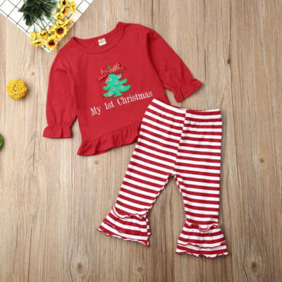 

US New Toddler Baby Girls Christmas Tree Romper Tops Pants Autumn Cotton Clothes