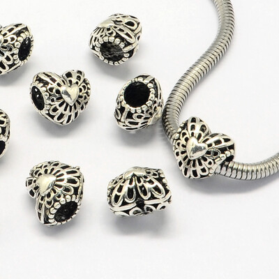 

Alloy European Beads Large Hole Beads Heart Antique Silver 11x11x9mm Hole 45mm