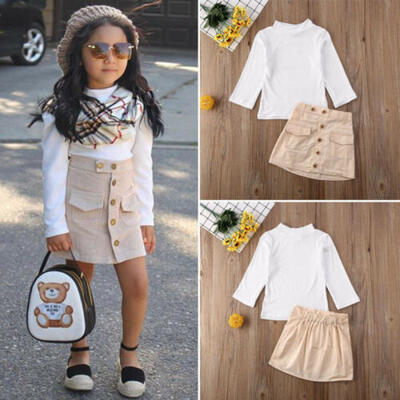 

US Toddler Baby Girl Autumn Clothes Tops Sweater Button Mini Skirt Dress Outfits