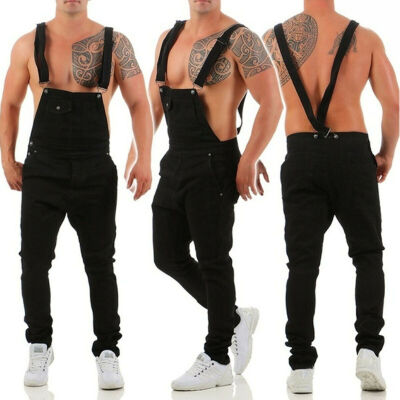 

Mens Slim Fit Denim Overalls Suspender Trousers Bib Pants Skinny Frayed Jeans