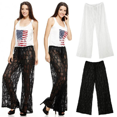 

New Sexy Women Beach Trousers Hollow Out Drawstring Waist Wide Leg Casual Boho Loose Pants BlackWhite