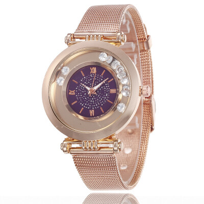 

Metal mesh with starry ladies watch sandpaper dial Roman numerals simple quartz watch