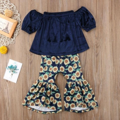 

2018 New Baby Girl 2Pcs Clothes Tube TopsSunflower Printed Wide Leg Casual Pants Outfits