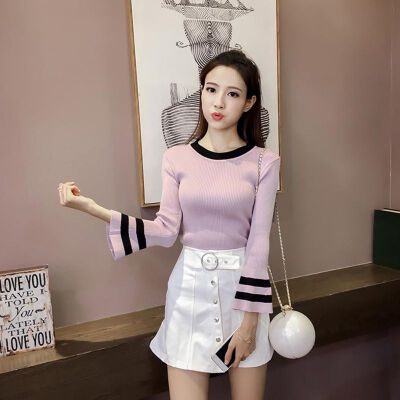 

O-Neck Bump Color Flare Full Sleeve Knit T-Shirt Women Casual Cotton Tops