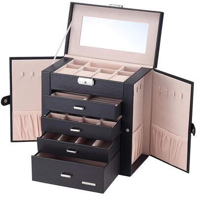 

Synthetic Leather Huge Jewelry Box Mirror Black Ring Storage Lockable Case
