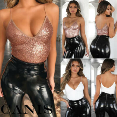 

Sexy Women Sequin Jumpsuit Bodycon Bodysuit Top Romper Blouse Sleeveless Shirt