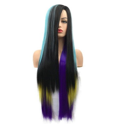 

StrongBeauty Long Straightlly Four-Color Ombre Wigs Cosplay Party Wigs For WomenBlackLight BluePurpleYellow