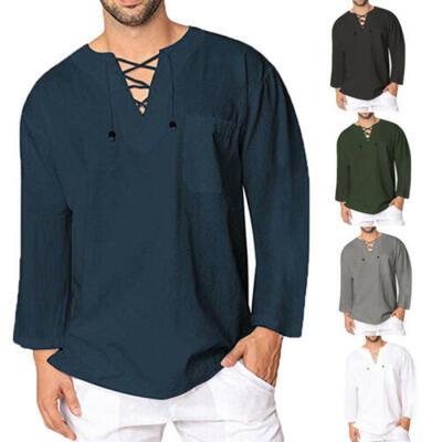

Mens Cotton Linen T Shirt Tops Casual Loose Lace Up V Neck Long Sleeve Tee US