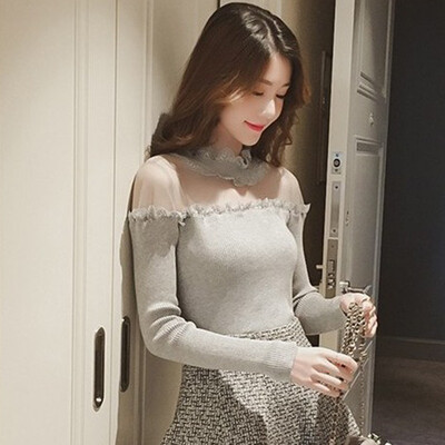 

Elegant Knitted Women Sweaters Fashion Sexy Lace Mesh Off Shoulder Sweater Tops Female Casual Solid Long Sleeve O-Neck Sweater