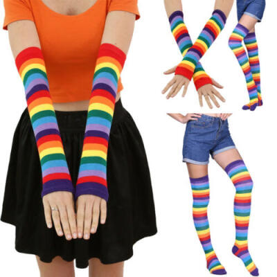 

US Women Girl Stripe Knee Thigh High Long Sock Stretchy Fingerless Gloves Mitten