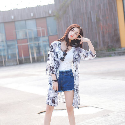 

Summer Womens Blouse Mid-Length Chiffon Print Long Ink Painting Sun Protection Clothing Seven-Point Sleeve College Cardigan