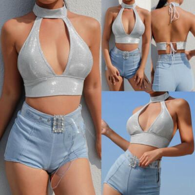 

Women Sequin Sparkly Halterneck Sexy Bra Camisole Crop Top Lace Up Backless Vest