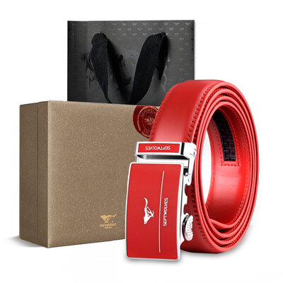 

Seven wolves belts SpongeBob mens leather business automatic buckle middle-aged pants with mens wedding red belt casual WA3995JLH gift box red