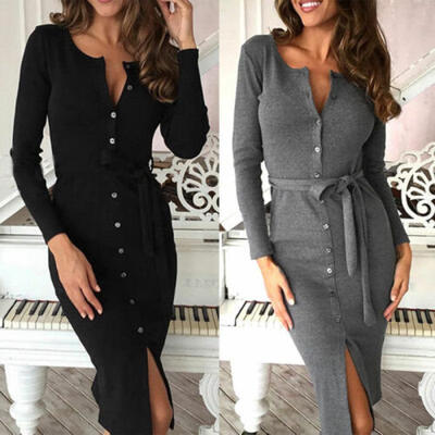 

US STOCK Women Long Sleeve Buttons Down Pencil Dress Evening Party Bandage Dress