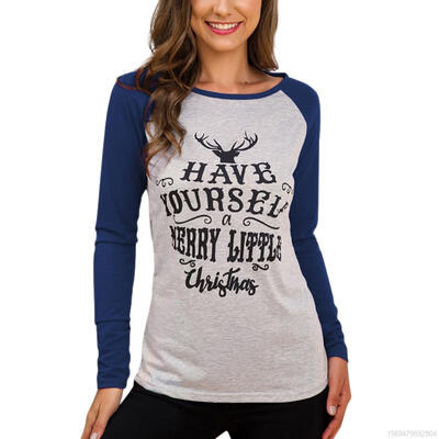 

Women Christmas T-shirt Letter Printed Round Neck Long-sleeved Large Size Loose T-shirt