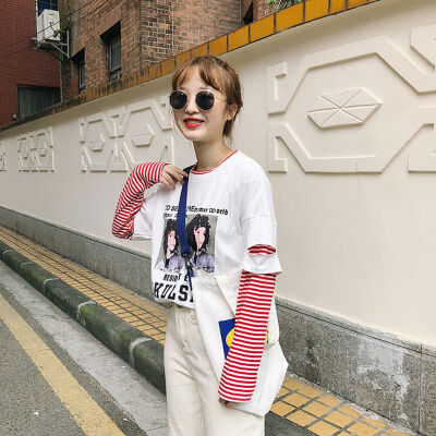 

Summer Female T-shirt Korean harajuku Fake Two Pieces Slim Round Collar Print Loose Plus Size Long Sleeve Casual Wild TShirt