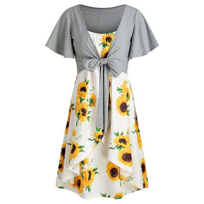 

Knotted Top&Sunflower Overlap Dress Set