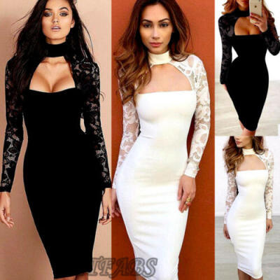 

Women Boho Long Sleeve Lace Midi Dress Lady Evening Party Beach Bodycon Sundress