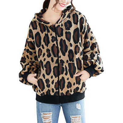 

Toponeto Womens Winter Long Sleeve Leopard Hooded Zip UP Pocket Jacket Coat
