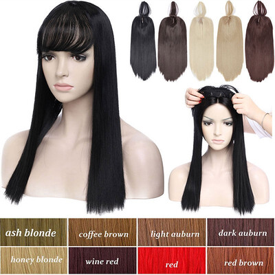

17" Long Straight Hair Topper With Thin Air Bangs Clip In Hair Middle Part Synthetic Hairpiece For Women