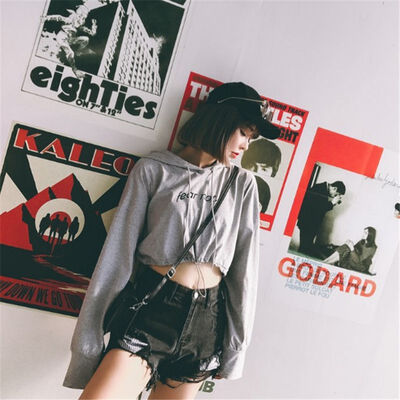 

ROPALIA Women Autumn Sweatshirts 2018 Ladies Short Hooded Long Sleeve Outwear Tops Letter Printed Female Pullovers Slim Tops