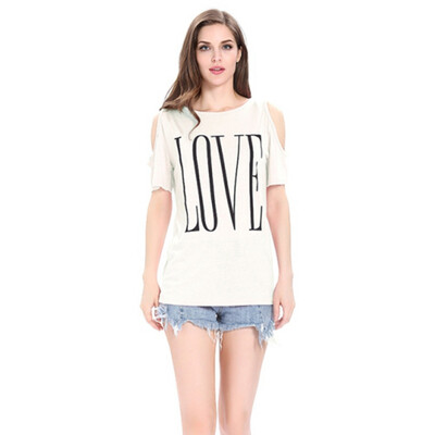 

LOVE Letter Print Off Shoulder Short Sleeves O-neck Casual T-shirt Female Summer Loose Fashion Women Tops WhiteBlackGrayPink