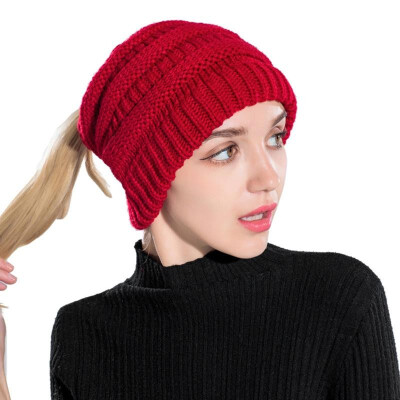 

Fashion Women Knitted Beanies Tail Hat Dome High Bun Ponytail Winter Warm Cap Skullies Headwear