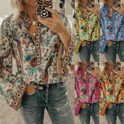 

Spot autumn new Amazon eBay explosion models peacock print loose shirt button long-sleeved shirt OM9070 Amazon 2XL