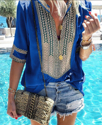 

Summer Women T-Shirt Boho Print Tee Deep V-Neck Long Sleeve Shirts Top Blouse