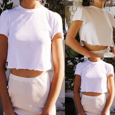 

Starmoon Women Fashion Solid Ruffled Ear Blouse O-neck Short Sleeve Crop Tops T Shirt