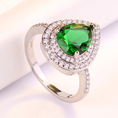 

High Quality Drop Green Crystal Cubic Zirconia Stone Rings For Women Jewelry Water Droplet Pear Ring