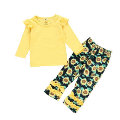 

US 2PCS Newborn Baby Girls Solid Tops Sunflower Long Pants Outfits Set Clothes