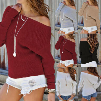 

Sexy Womens Long Sleeve Knitted Sweater Off Shoulder Casual Loose Blouse Tops UK