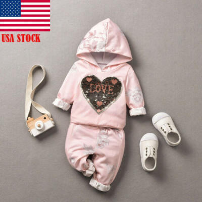 

US Toddler Kids Baby Girls Outfits Set Long Hooded Love topsPants Clothes 2PCS