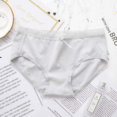 

Women Solid Color Cotton Panties Mid Rise Bowknot Lace Trim Breathable Briefs Underwear Lingerie