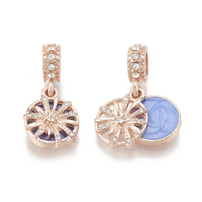 

Alloy European Dangle Beads with Rhinestone&Enamel Large Hole Pendants Flat Round CornflowerBlue Rose Gold 255mm