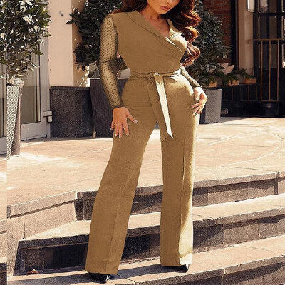 

Notched Lapel Solid Mesh Spliced Long Sleeve Strappy Maxi Wrap Jumpsuit