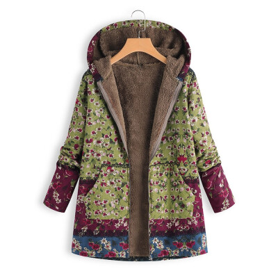 

Toponeto Womens Winter Warm Outwear Floral Print Hooded Pockets Vintage Oversize Coats