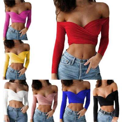 

Fashion Women Off Shoulder Crop Top Long Sleeve Shirt Blouse Sweater T-shirt US