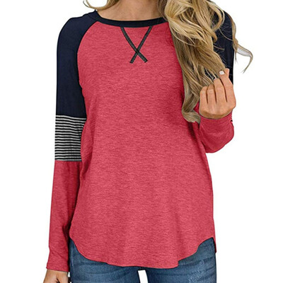

Autumn Fashion Women Splice Stripe O-neck Long sleeves Loose T-shirt