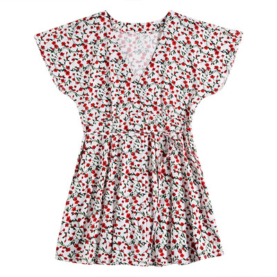 

Plunge Neck Short Sleeve Floral Print Button Women A-line Dress