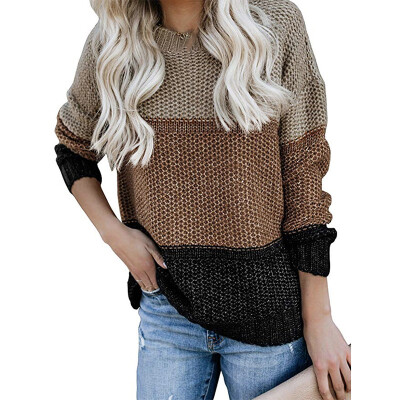 

Women Winter Sweaters Splicing Pullover Tops Round Collar Jumper Casual Knitwear