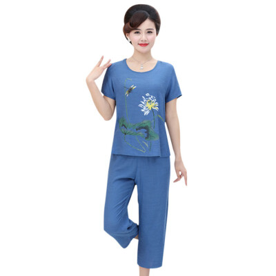 

Women Printed Cotton Linen Loose Point Short-Sleeved Shirt Wide Leg Casual Two-Piece