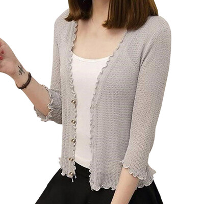 

Top Women Wooden Ear V-Neck Cropped Sleeve Thin Short Openwork Knit Sunscreen Blouse Air Conditioning Shirt Coat Top