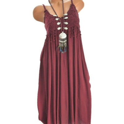 

Women Sleeveless Boho Casual Loose Lace Kaftan Maxi Dress Ladies Mini Dress