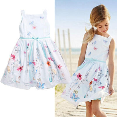 

UK Baby Kids Girls Dress Bow Flower Print Party Dresses Summer Casual Sundress