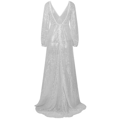 

〖Follure〗Womens Fashion Sexy Casual V Neck Sequin Lace Soild Mesh Serspective Long Dress