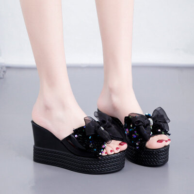 

Slippers for summer wear netted yarn bows thick soles high heels sloping heels&fishmouth sandals