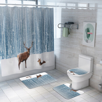 

Siaonvr Santa Christmas Print Toilet Bathroom Mat And Shower Curtain Four-Piece Set